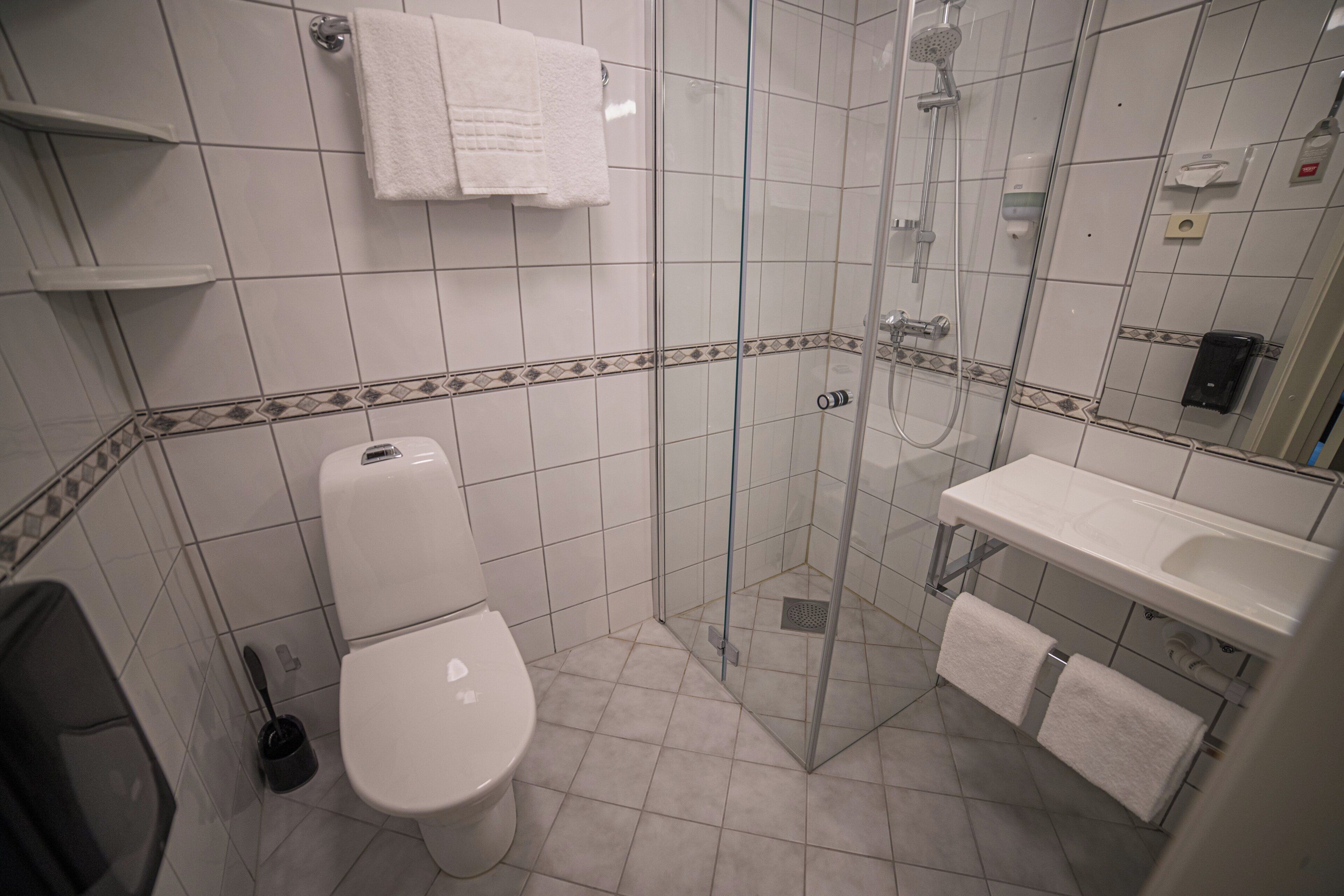 A bathroom with a toilet, a glass-enclosed shower, a sink, and a mirror.