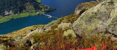 Una vista panoramica di un lago circondato dalle montagne, una tazza con decorazioni a tema montano e una barretta di cioccolato.