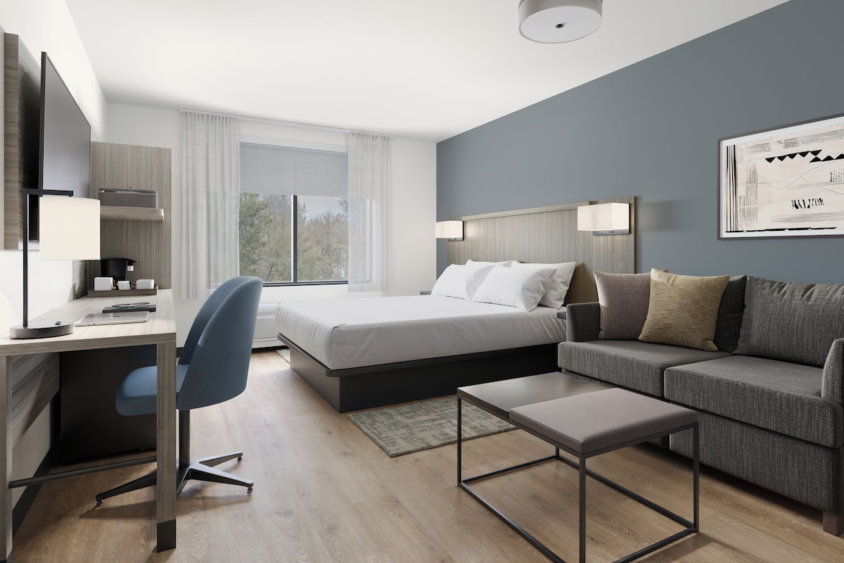 Una habitación de hotel moderna con cama, escritorio, silla, sofá y un cuadro enmarcado en la pared.