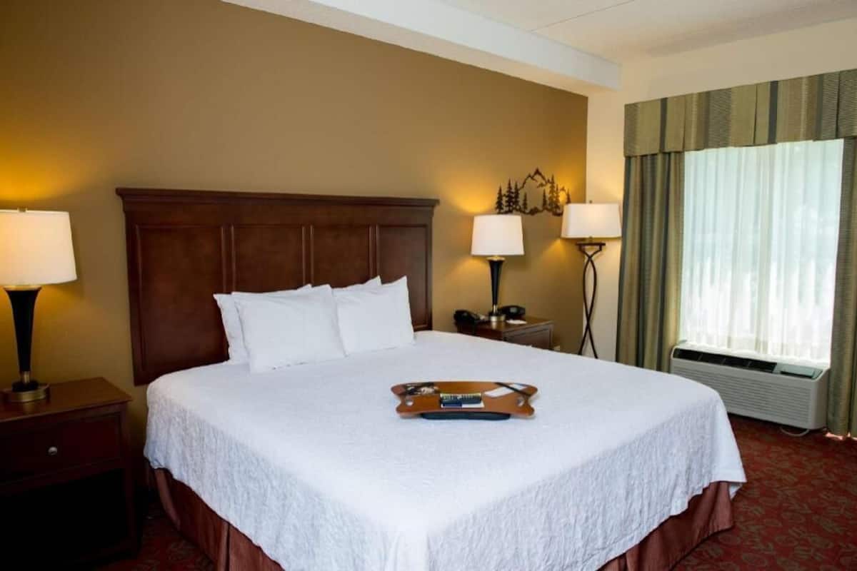 Habitación de hotel con una cama grande, dos mesitas de noche con lámparas, un teléfono en la pared y una ventana con cortinas.