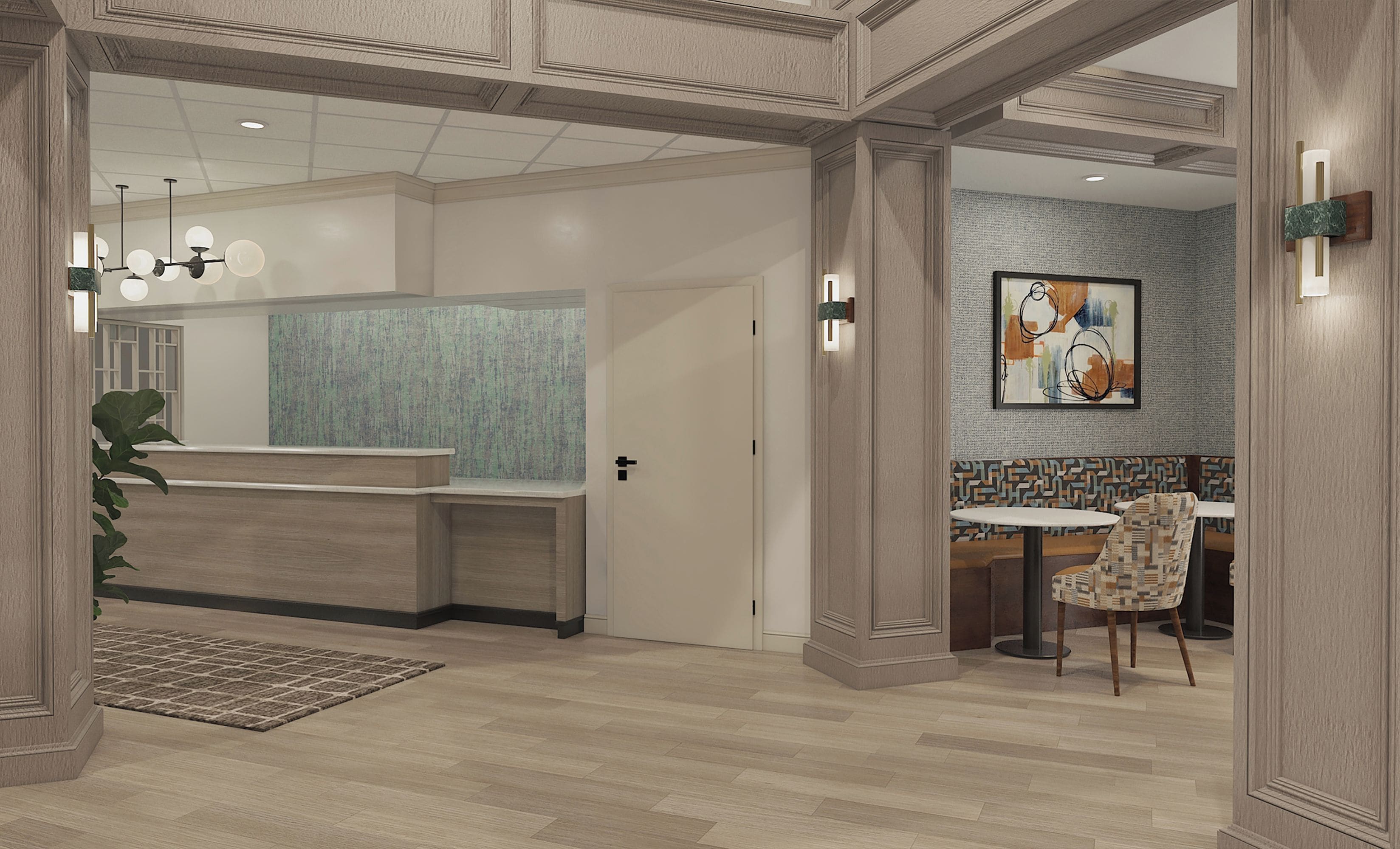 A hotel lobby with a reception desk, a seating area with a table and chairs, and a decorative wall with abstract art.