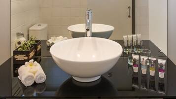 Eco-friendly toiletries, hair dryer, towels