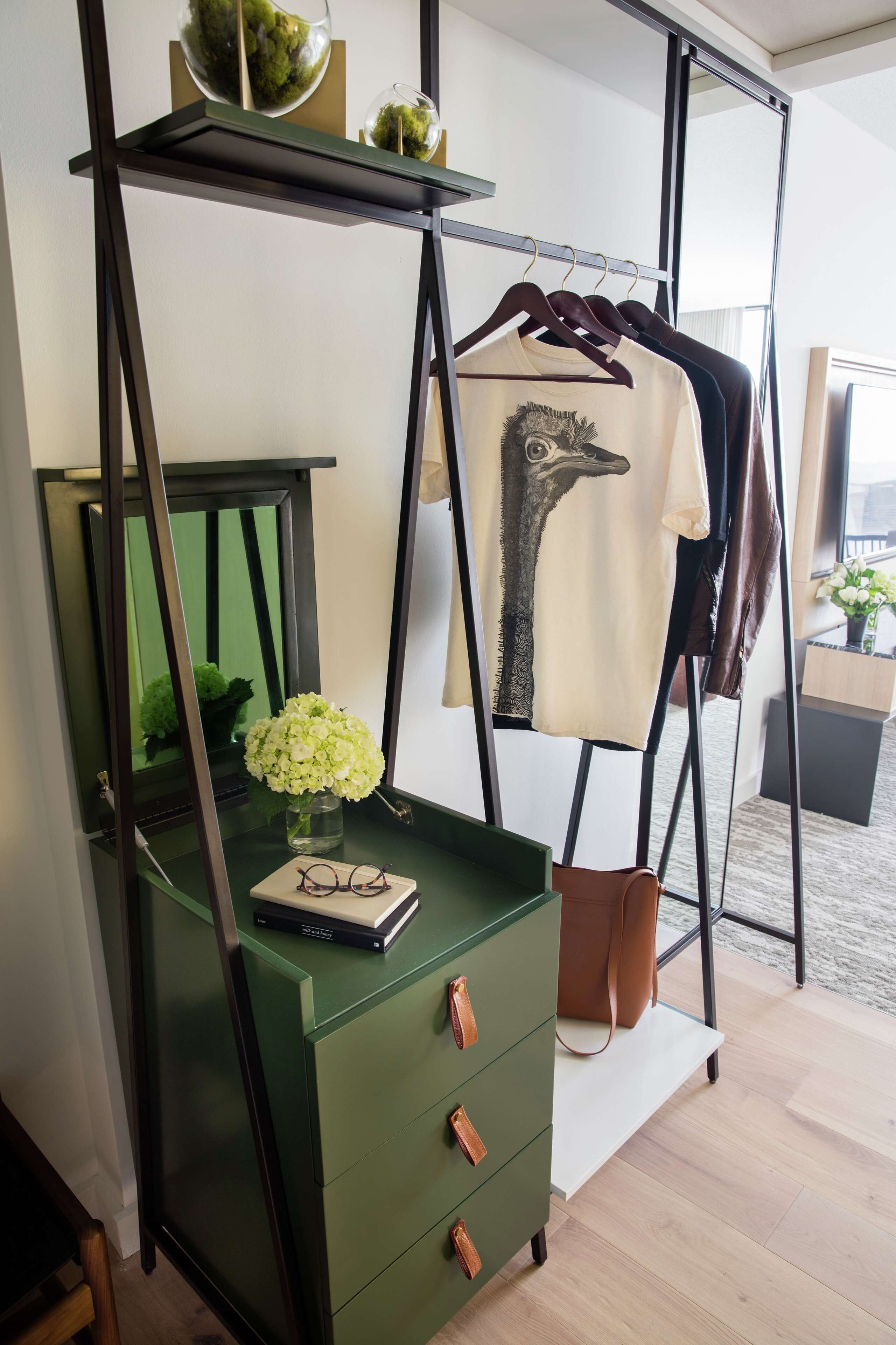 A room with a green dresser, a mirror, a hanging rack with clothes, and a small plant.