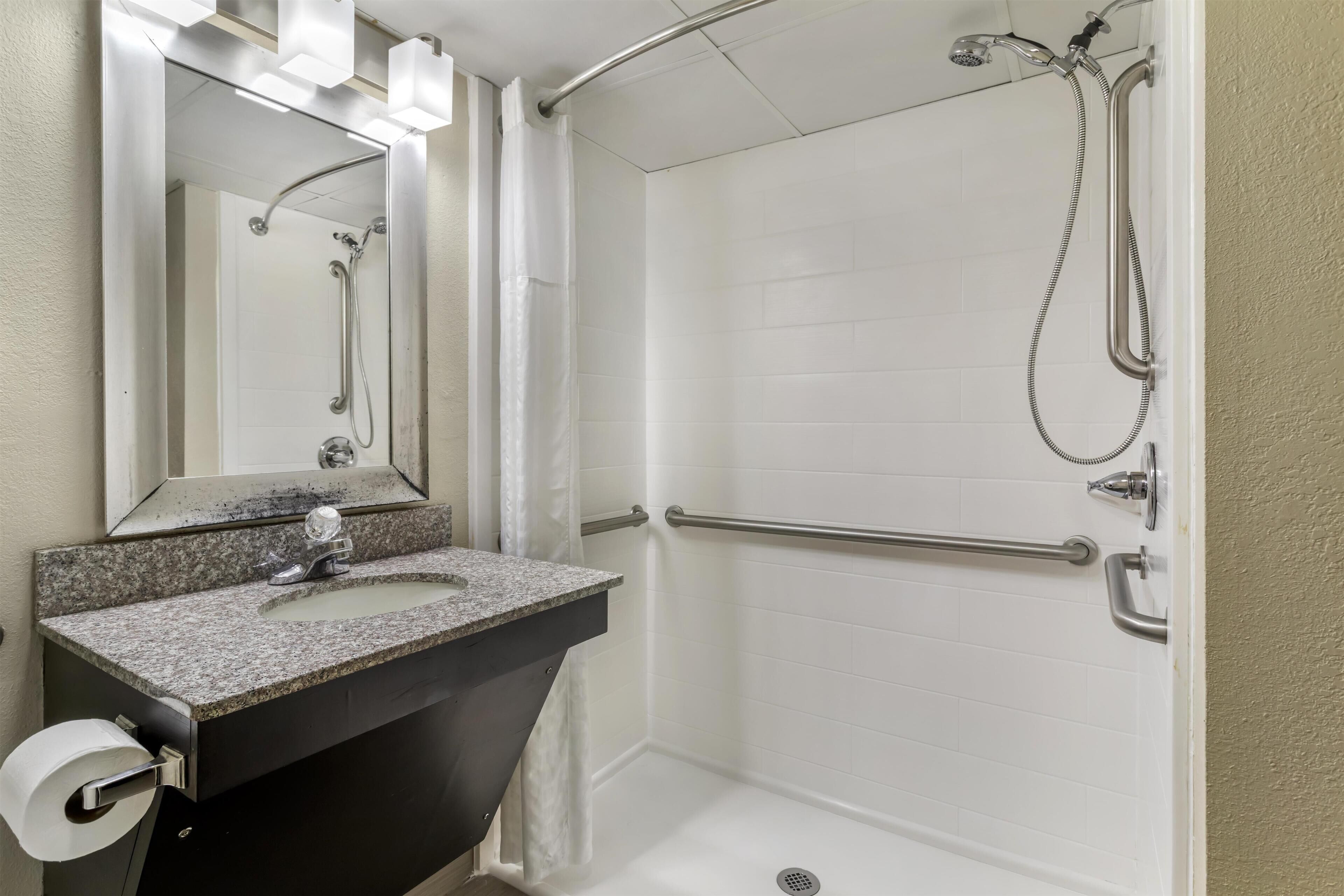 Baño con lavamanos, espejo, ducha y barras de apoyo.