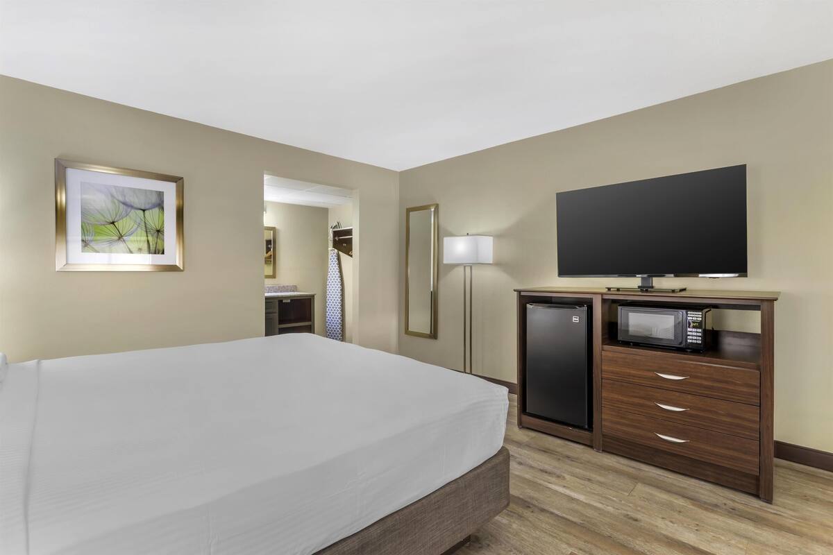 Une chambre d’hôtel équipée d’un lit, d’une télévision, d’un four à micro-ondes, d’un réfrigérateur, d’un bureau et d’un miroir.