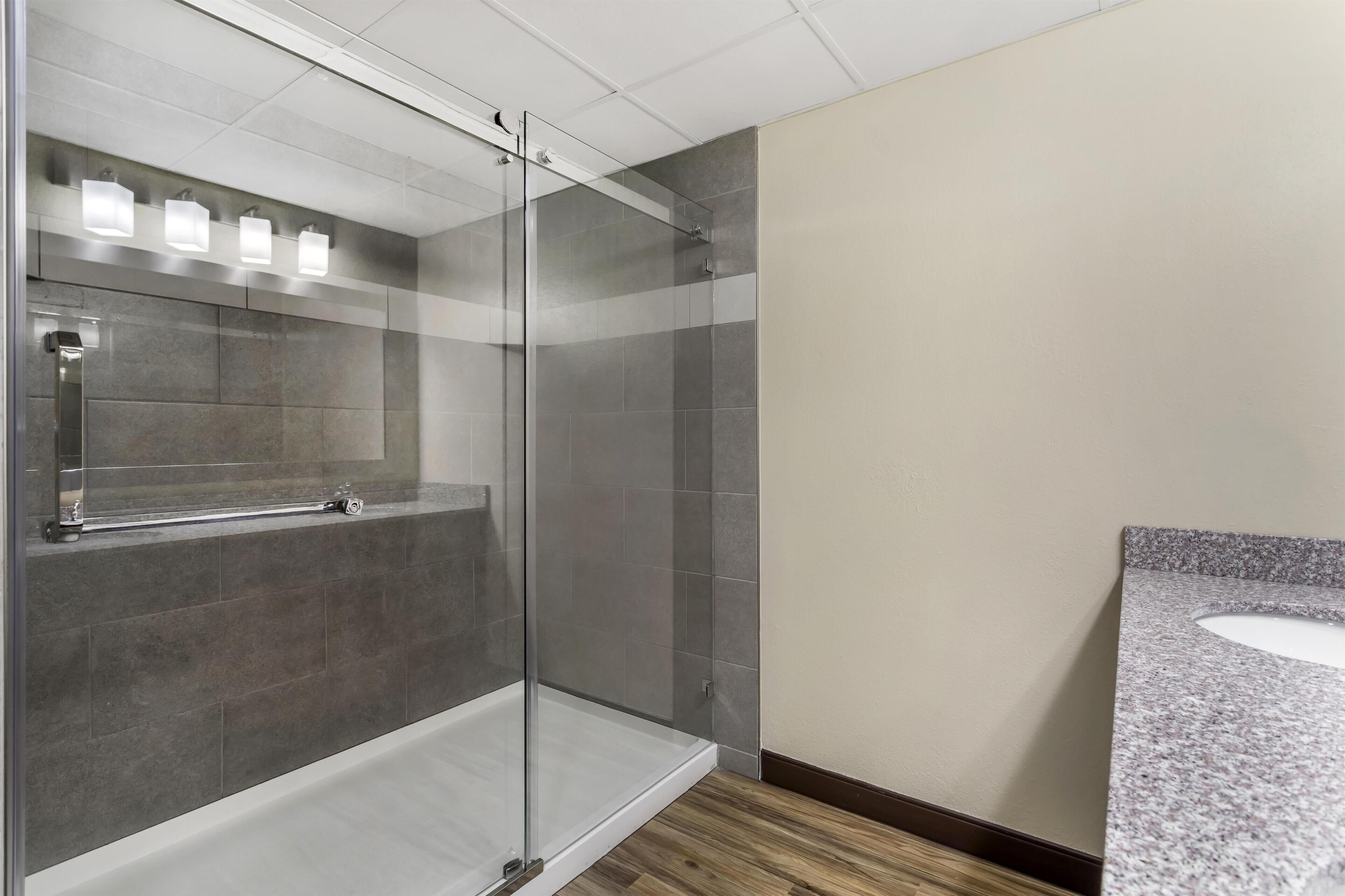 Une salle de bain moderne dotée d’une douche à parois de verre, d’un meuble-lavabo avec un plan de travail en granit et d’un grand miroir.