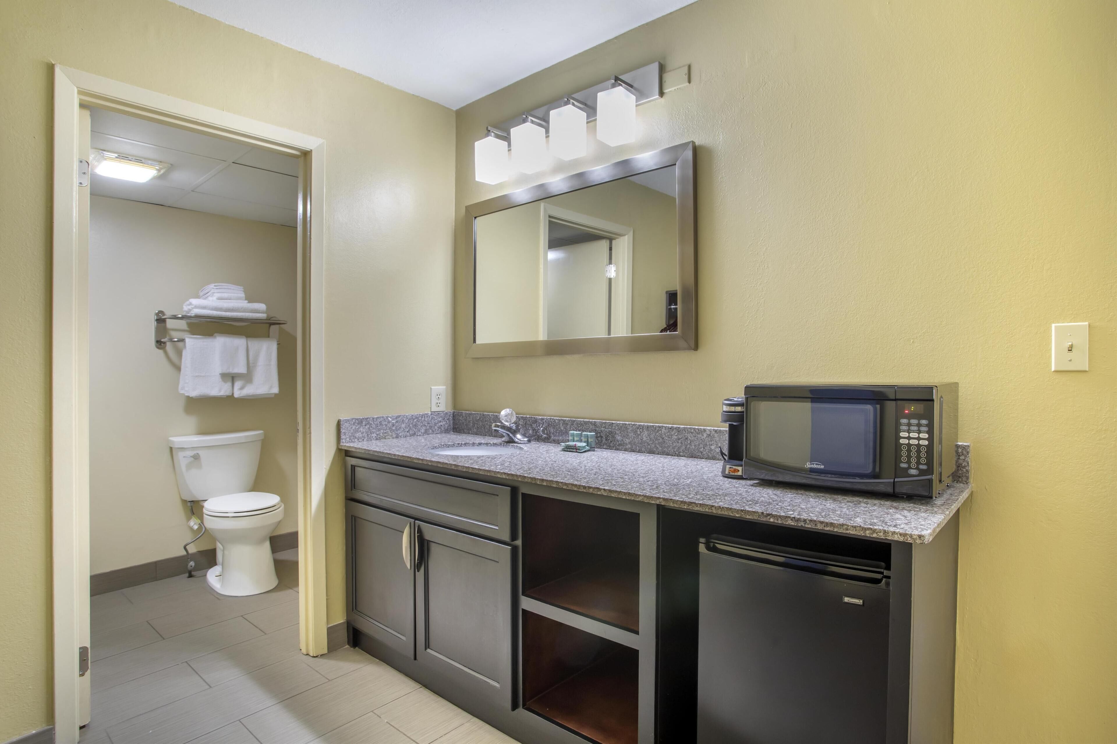 A bathroom with a toilet, sink, mirror, and a microwave on the countertop.