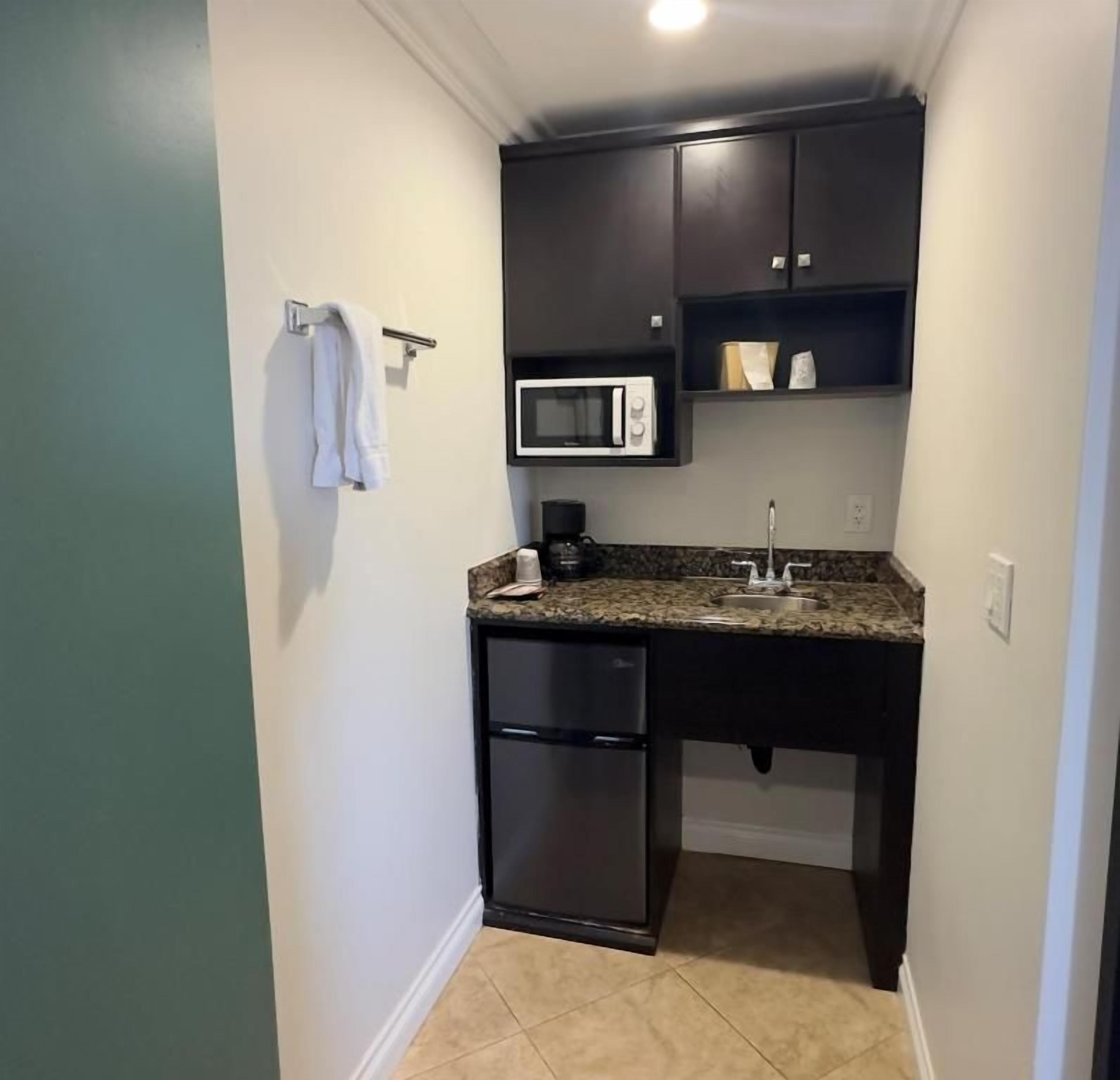 A compact kitchen with dark cabinetry, a microwave, a sink, and a built-in dishwasher.