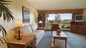A living room with a sofa, a coffee table, a TV, and a view of the outside.