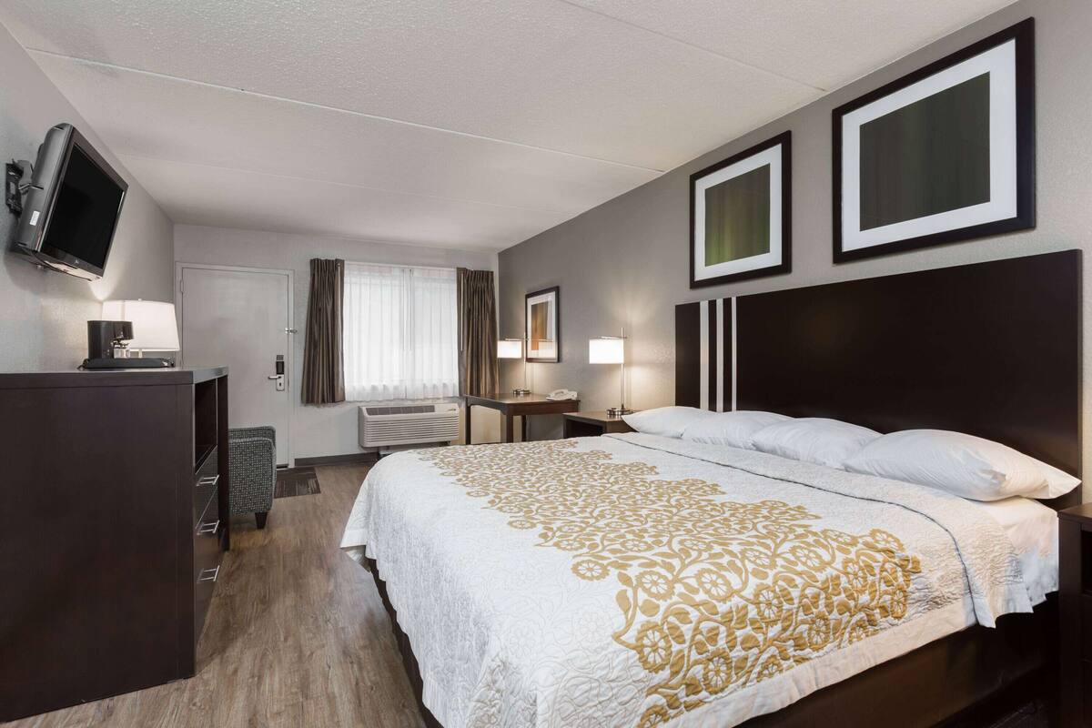 A hotel room with a large bed, a desk, a television, and a window with curtains.