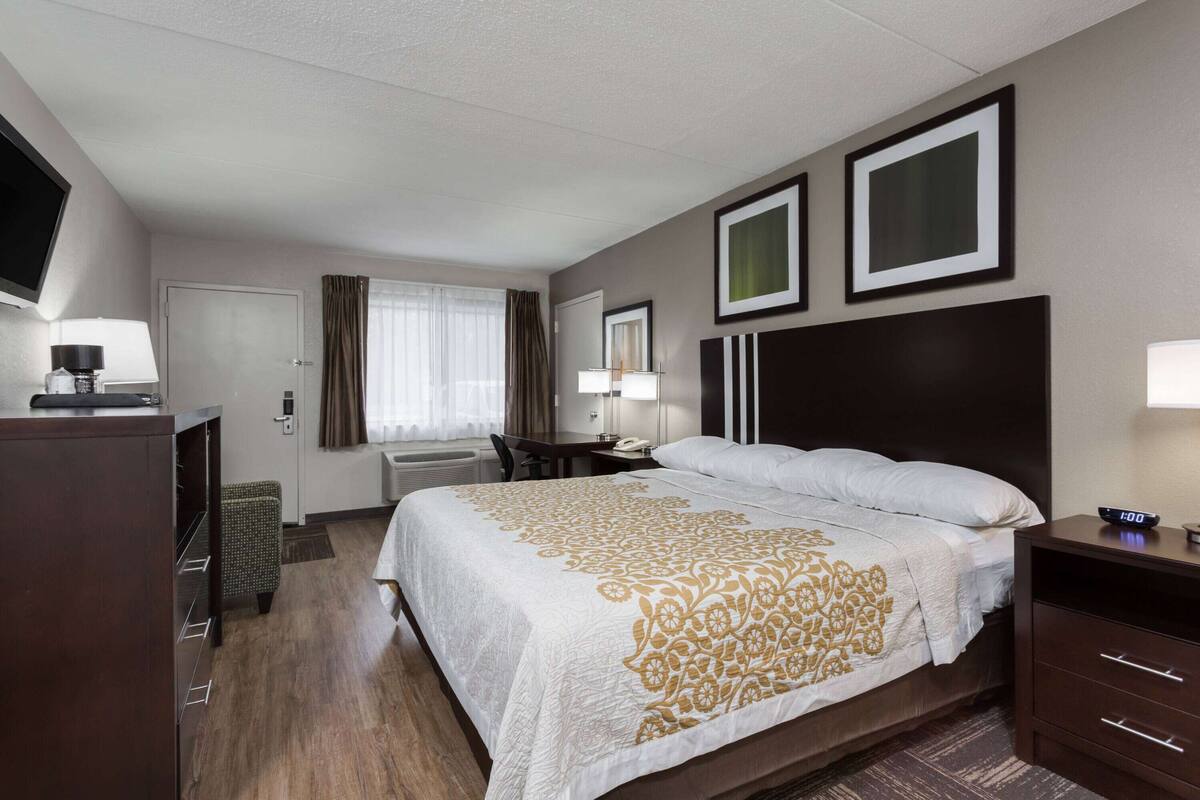 A hotel room with a bed, a desk, a chair, a TV, and a window with curtains.