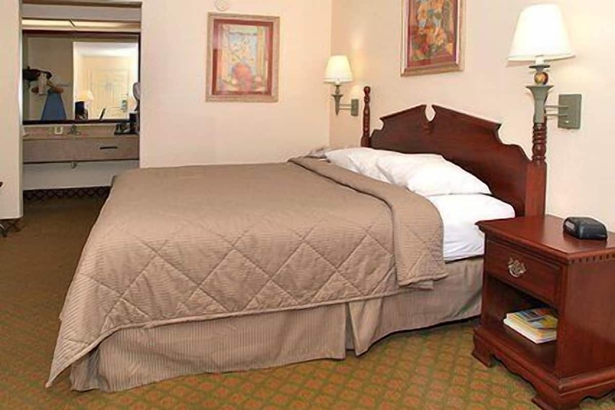A hotel room with a bed, a nightstand, a lamp, and a mirror.