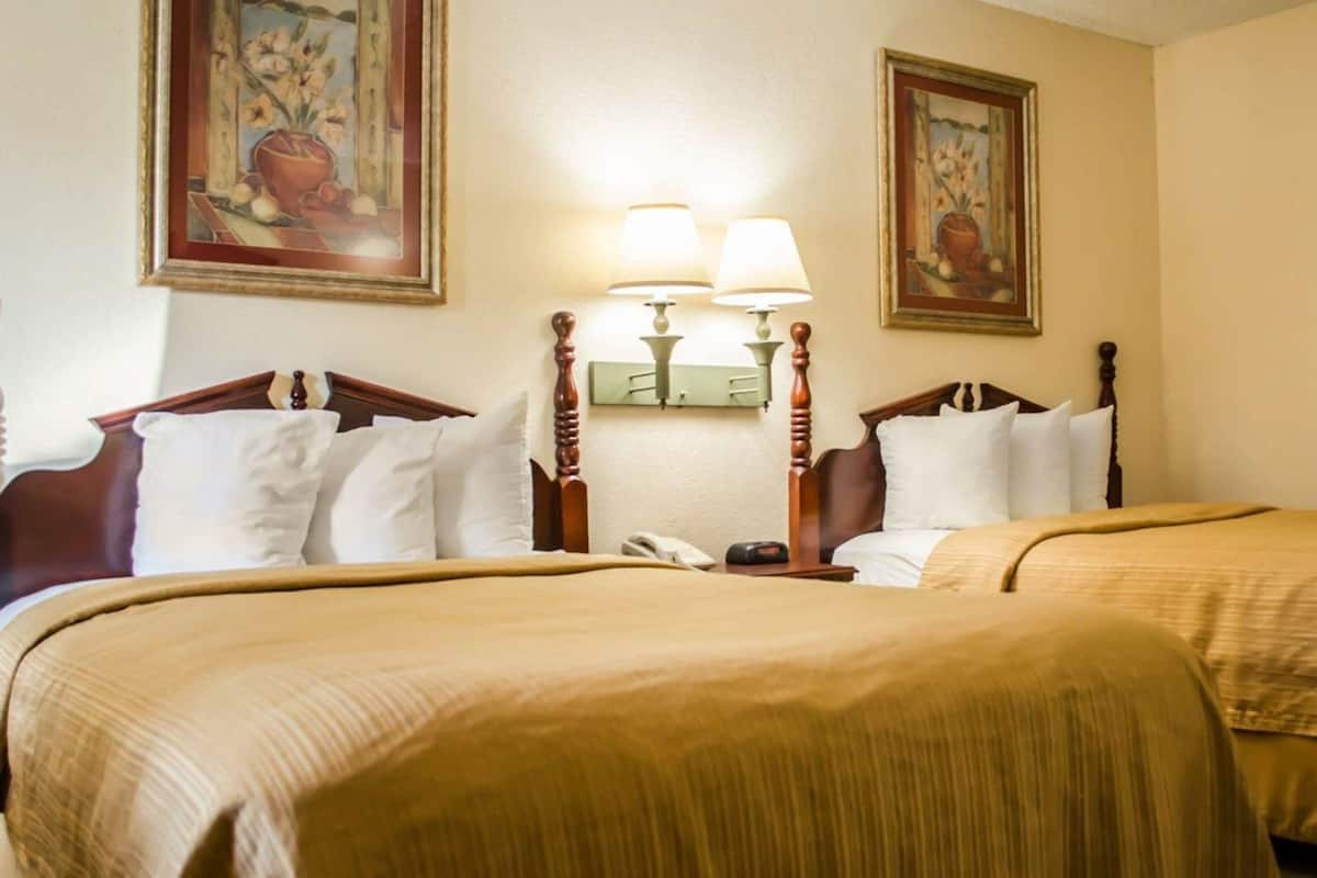 A hotel room with two beds, a nightstand, a lamp, and two paintings on the wall.