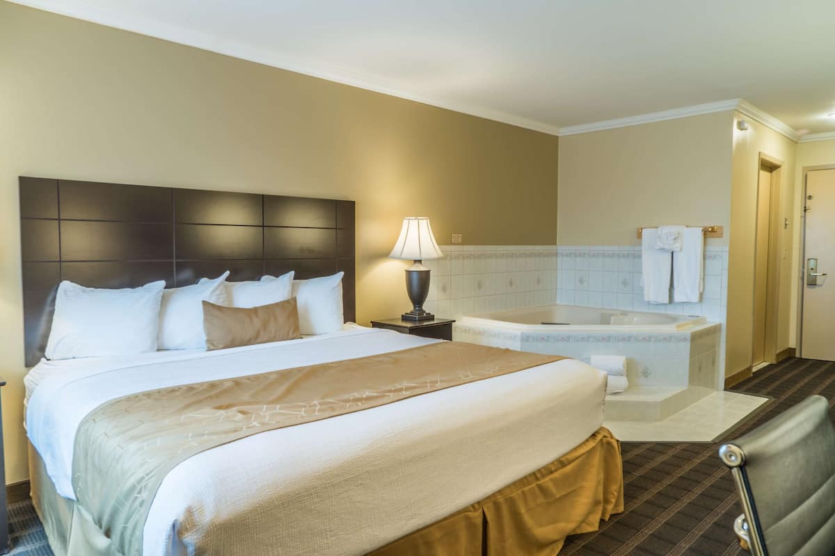 A hotel room with a large bed, a bedside lamp, a bathtub, and a chair.
