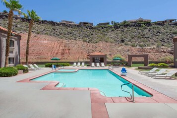 Seasonal outdoor pool, pool loungers