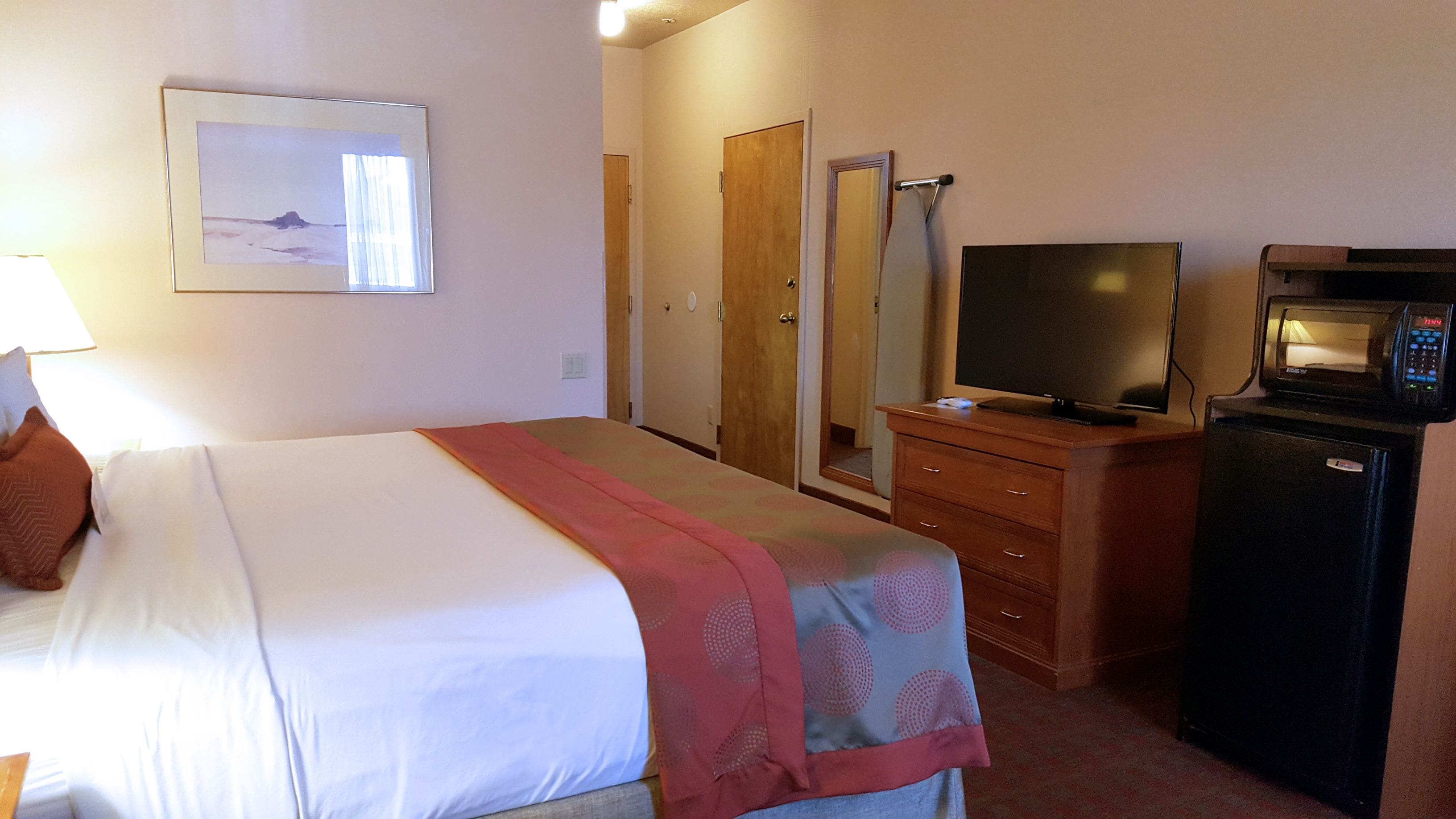 A hotel room with a bed, a television, a microwave, and a dresser.