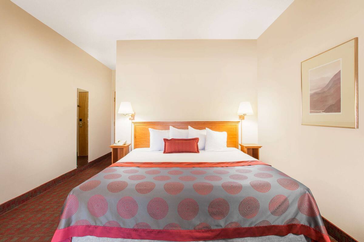 A hotel room with a large bed, two bedside lamps, a framed picture on the wall, and a carpeted floor.