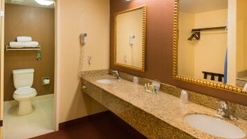 A bathroom with two sinks, a mirror, and a toilet.