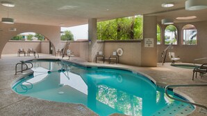 Une piscine intérieure à l’eau claire, entourée de chaises longues et agrémentée d’un panneau indiquant qu’il est interdit de plonger.