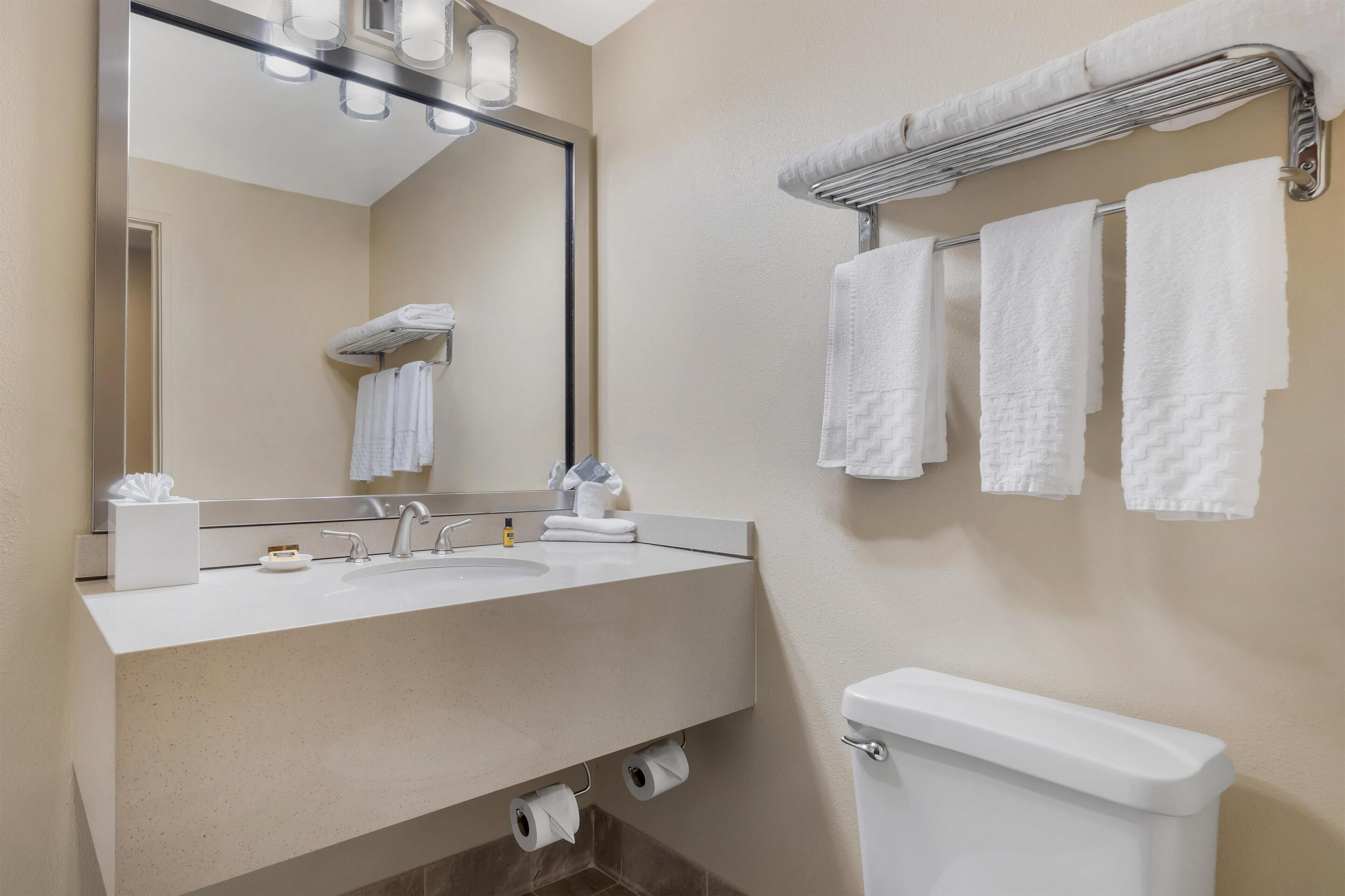 Un bagno con lavandino, specchio, porta asciugamani e water.