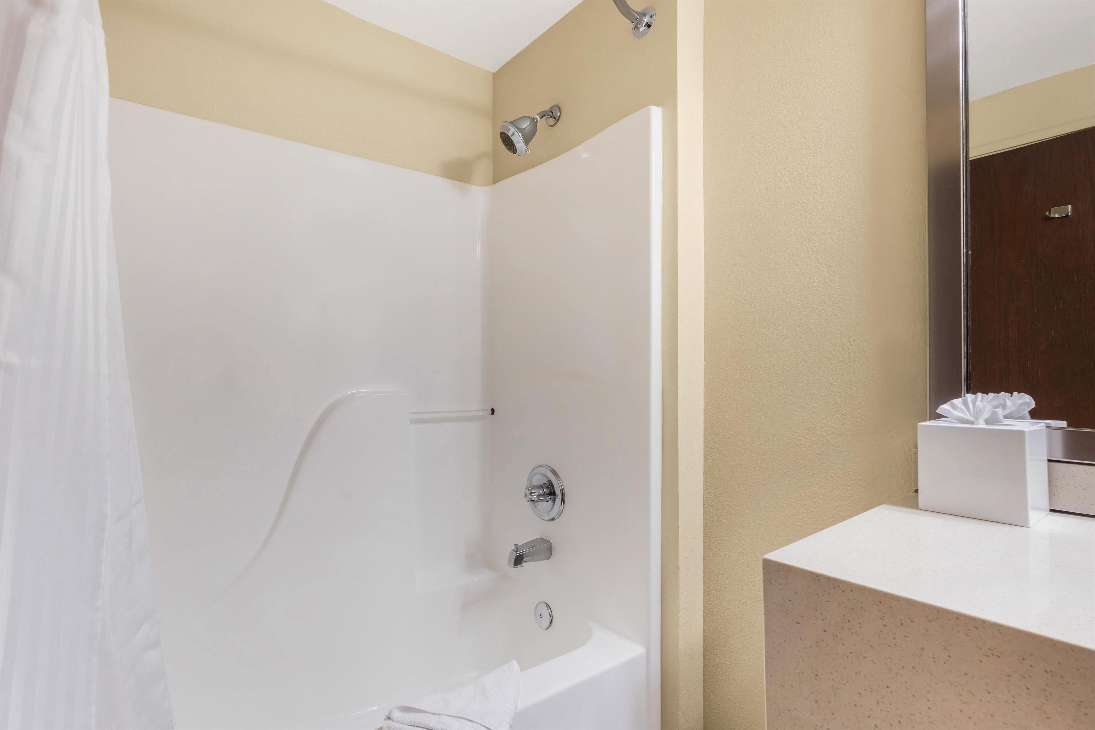 A modern bathroom with a white bathtub, a shower, and a vanity with a mirror.