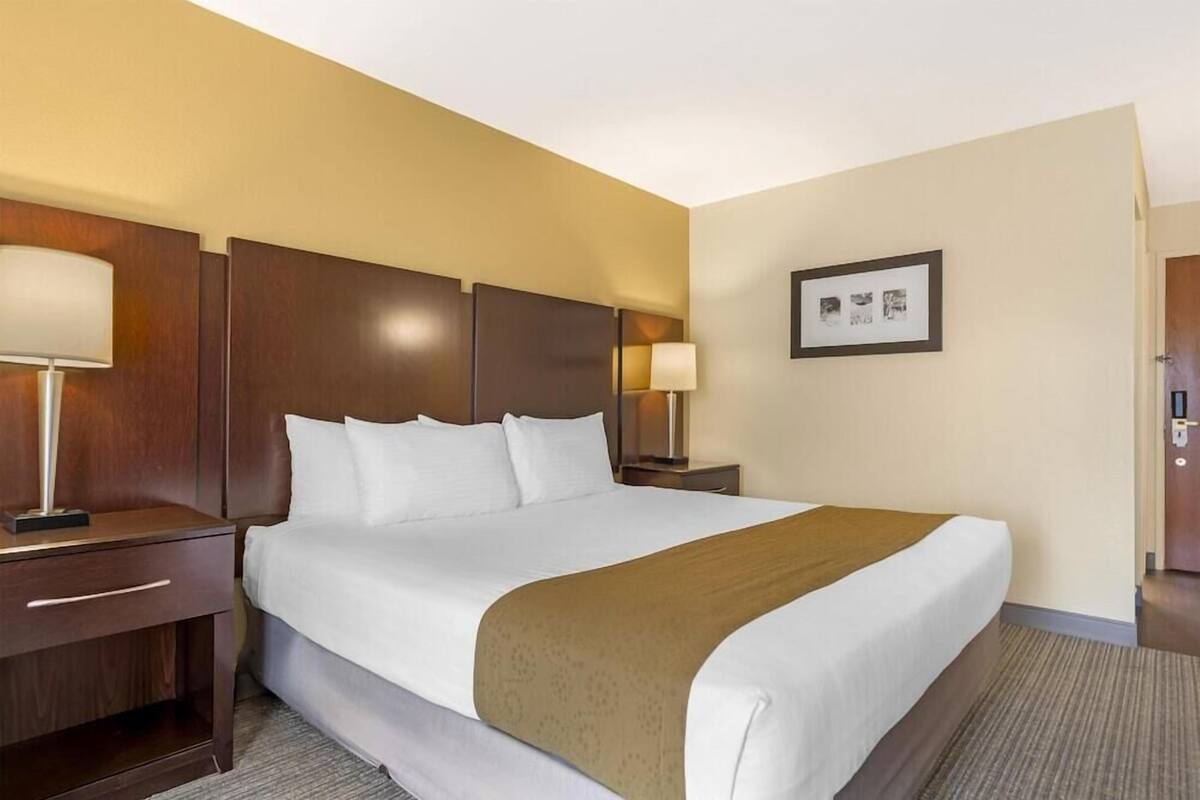 Een hotelkamer met een groot bed, een nachtkastje, een lamp en een lijst met een afbeelding aan de muur.