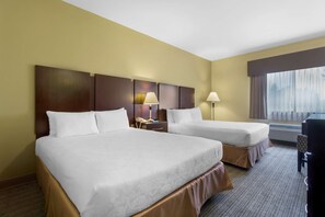 Premium bedding, desk, laptop workspace, iron/ironing board