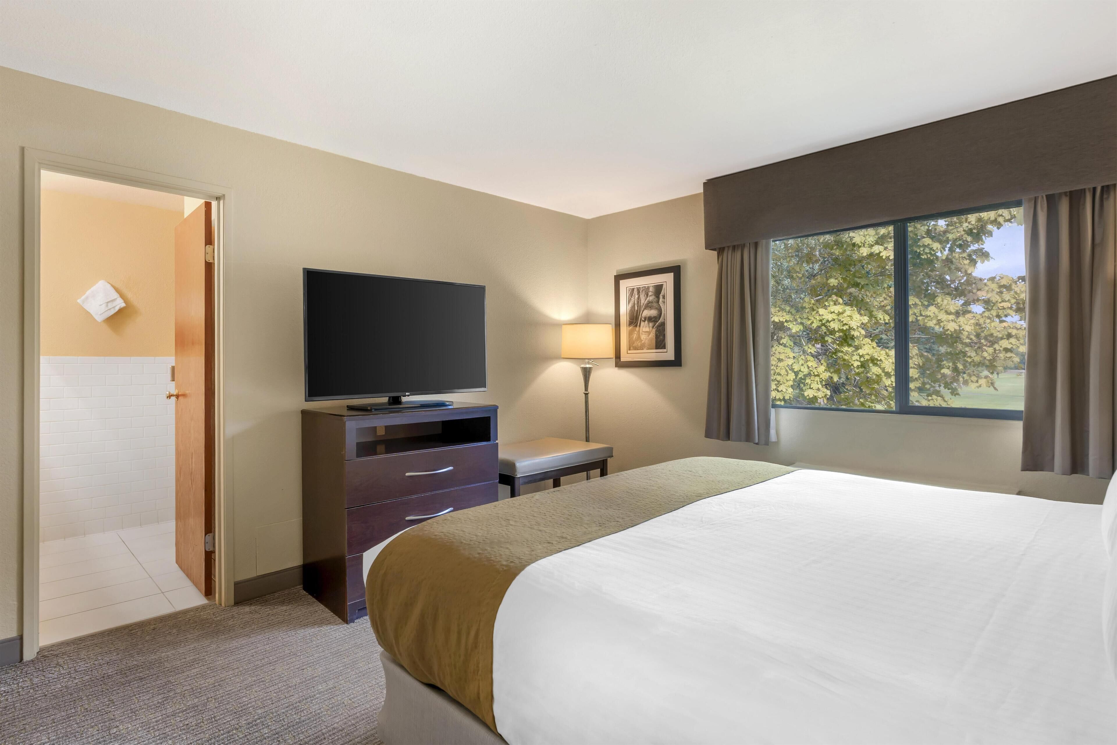 A hotel room with a bed, a TV, a desk, a lamp, and a window with curtains.
