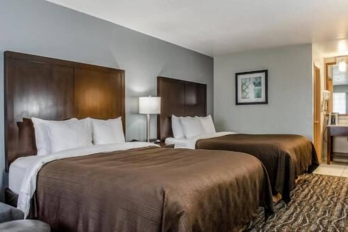 Une chambre d’hôtel avec deux lits, une table de chevet, une lampe et un tableau encadré au mur.