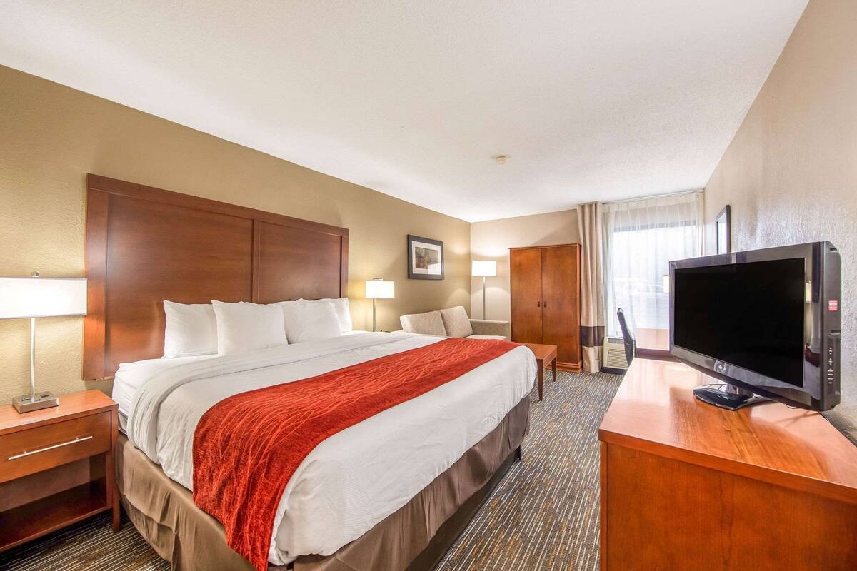 A hotel room with a large bed, a desk with a television, a wardrobe, and a lamp.