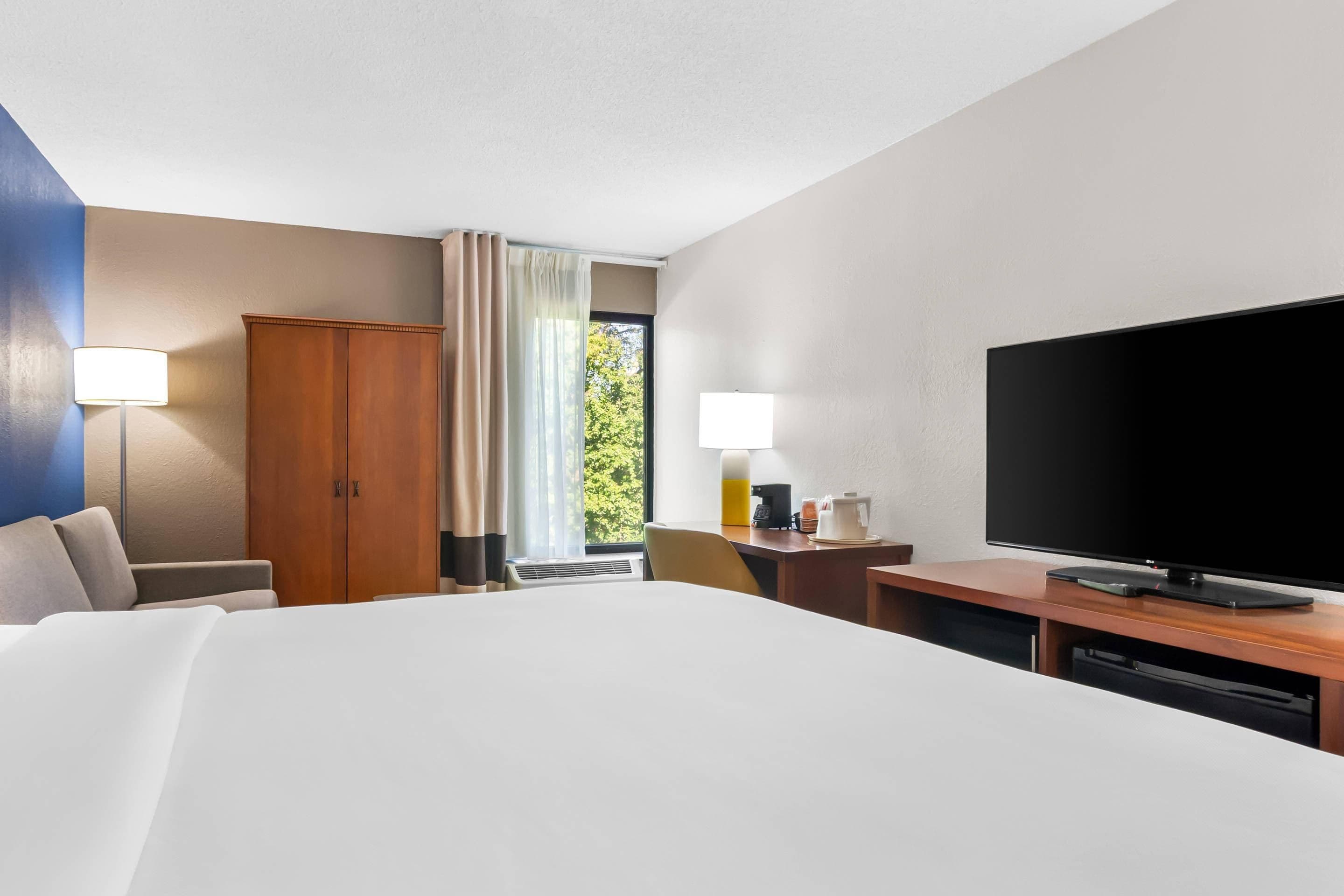 Habitación de hotel con una cama grande, un escritorio con televisor de pantalla plana, armario y ventana con cortinas.