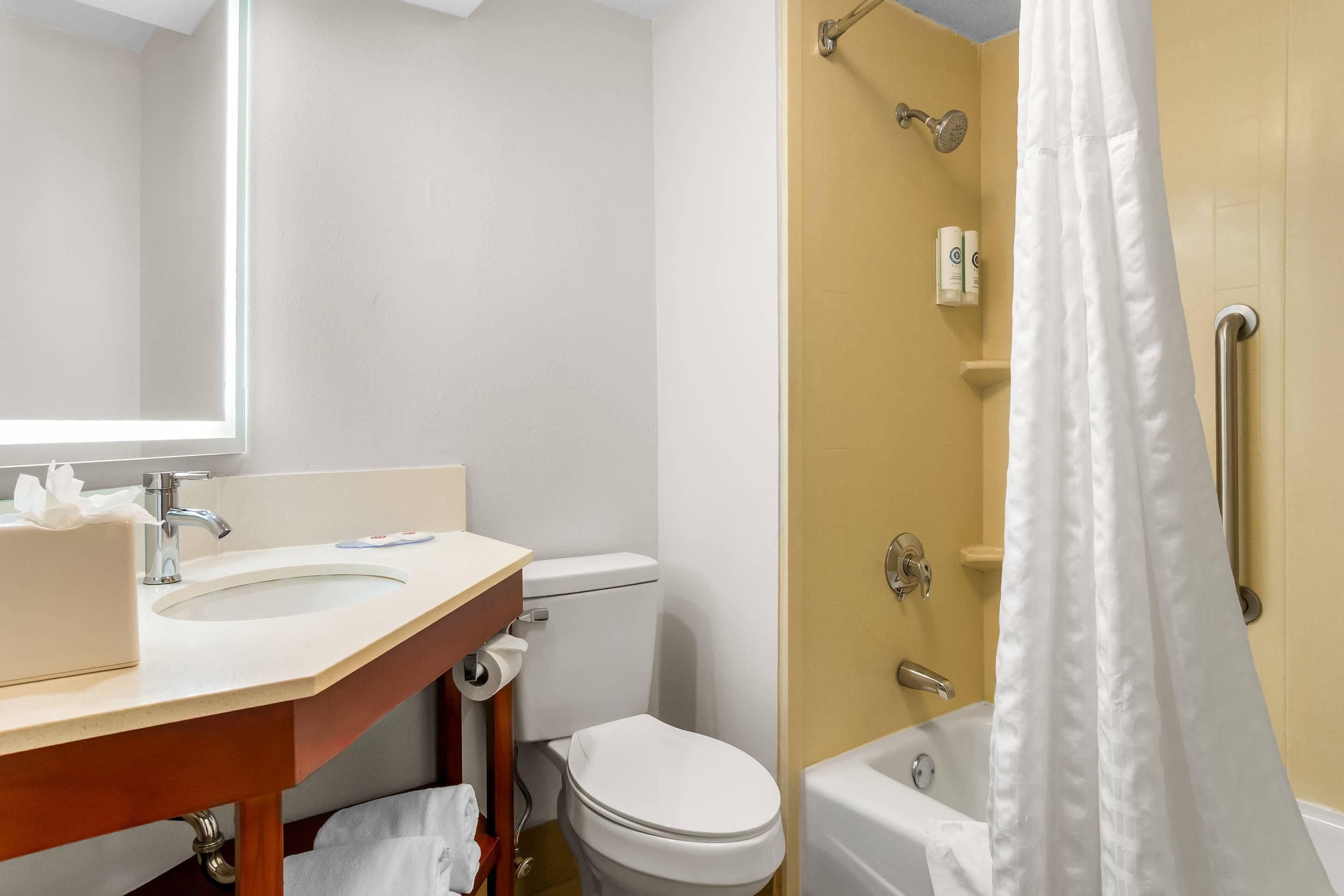 A bathroom with a sink, toilet, and shower area.