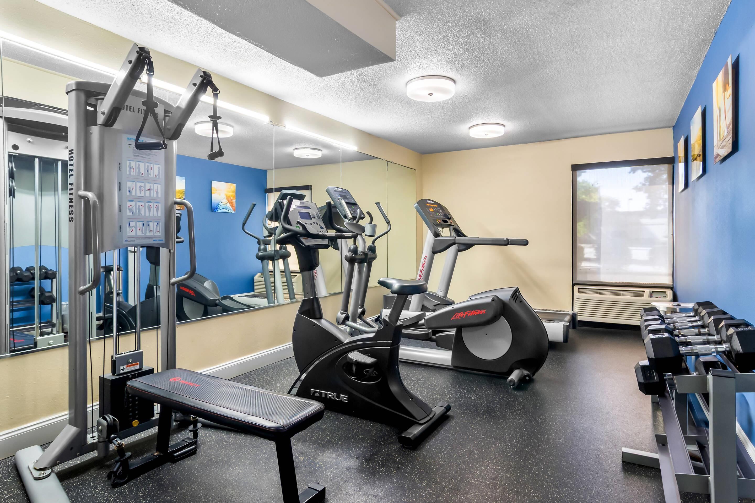 A gym with cardio machines, dumbbells, and a bench.