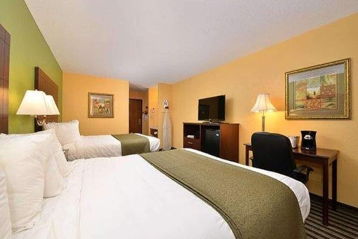Une chambre d’hôtel avec deux lits, un bureau, une chaise, une télévision et un tableau au mur.