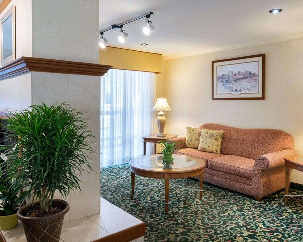 A hotel room with a patterned carpet, a sofa, a table with a lamp, and a potted plant.