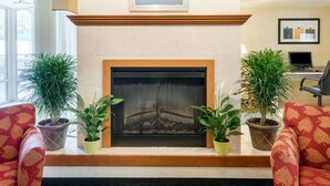 Una chimenea con repisa de madera, flanqueada por dos plantas en macetas, en una habitación con alfombra estampada y un escritorio con computadora.