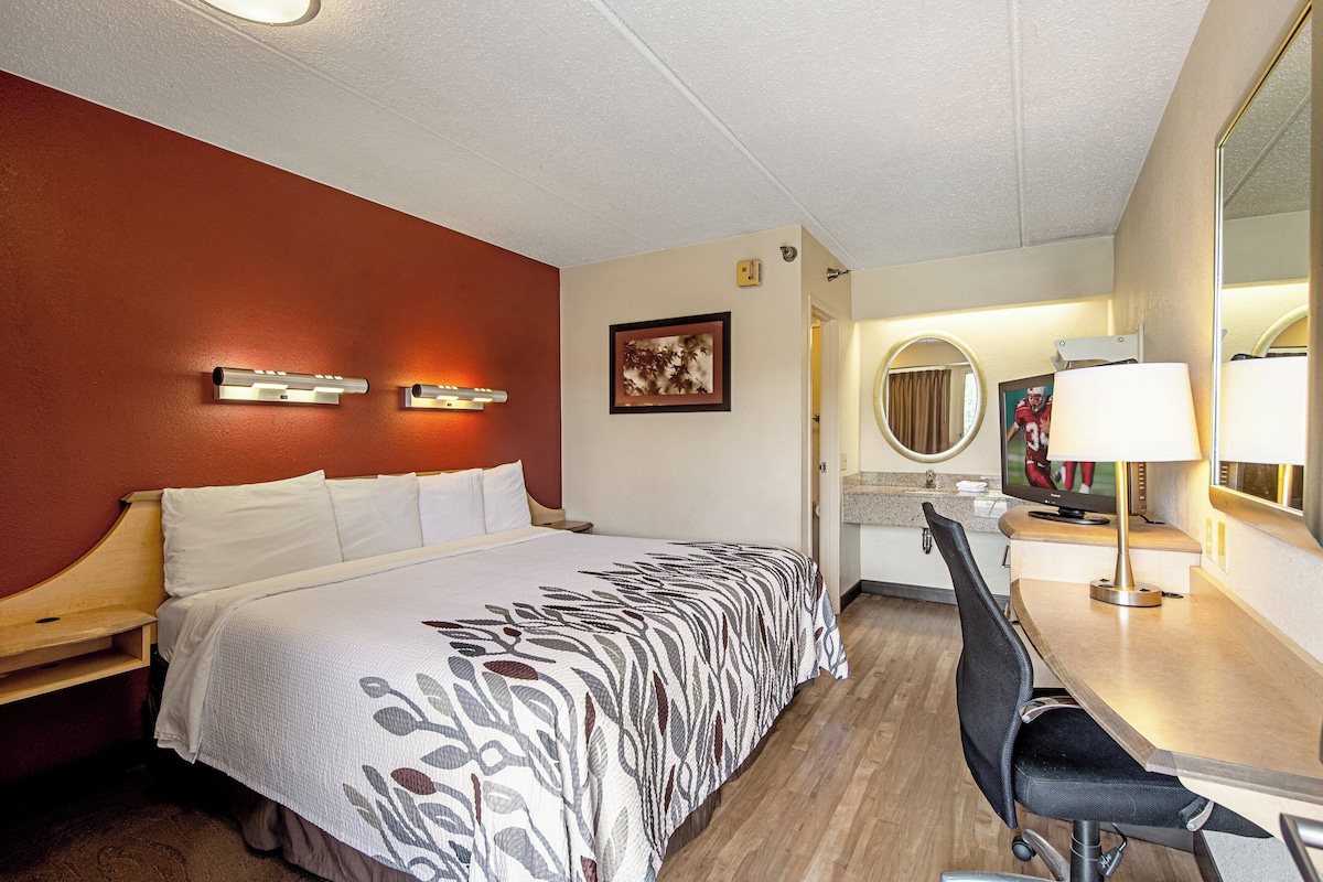A hotel room with a bed, a desk with a chair, a mirror, and a television.