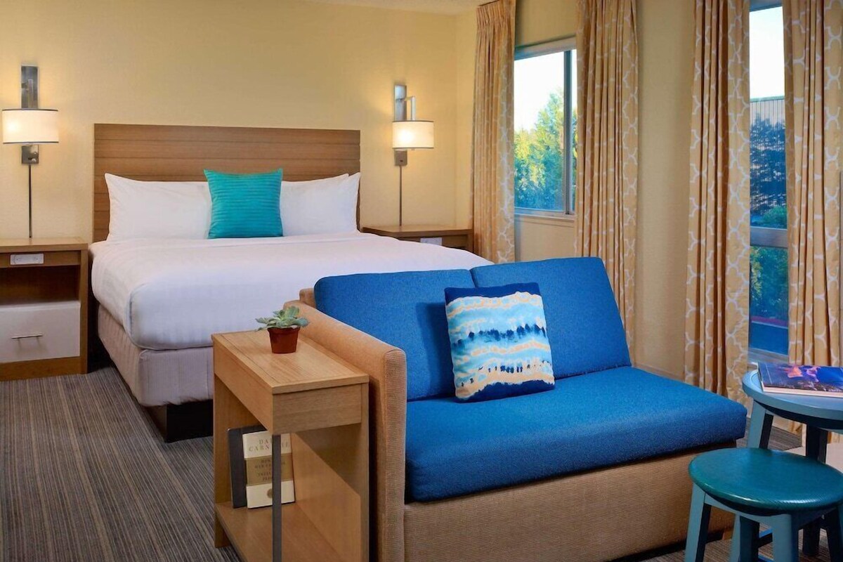 Habitación de hotel con cama, sofá, una mesita con planta y ventana con cortinas.