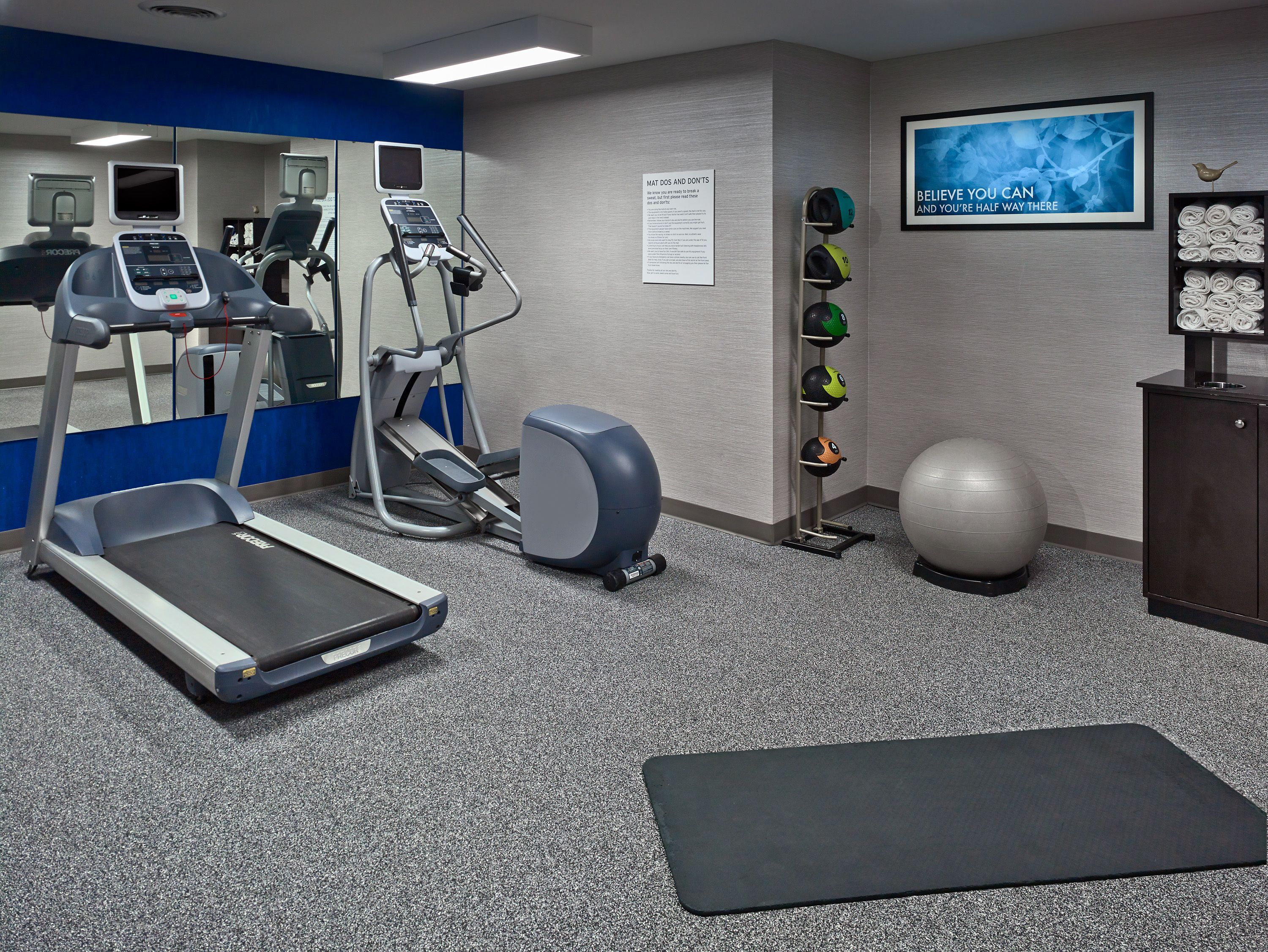 Une salle de remise en forme équipée de tapis de course, de vélos elliptiques, d’un vélo d’appartement, d’un téléviseur fixé au mur, d’un présentoir avec des ballons d’exercice et d’un tapis.