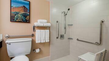 A bathroom with a toilet, a shower with grab bars, a wheelchair-accessible bench, and a towel rack.
