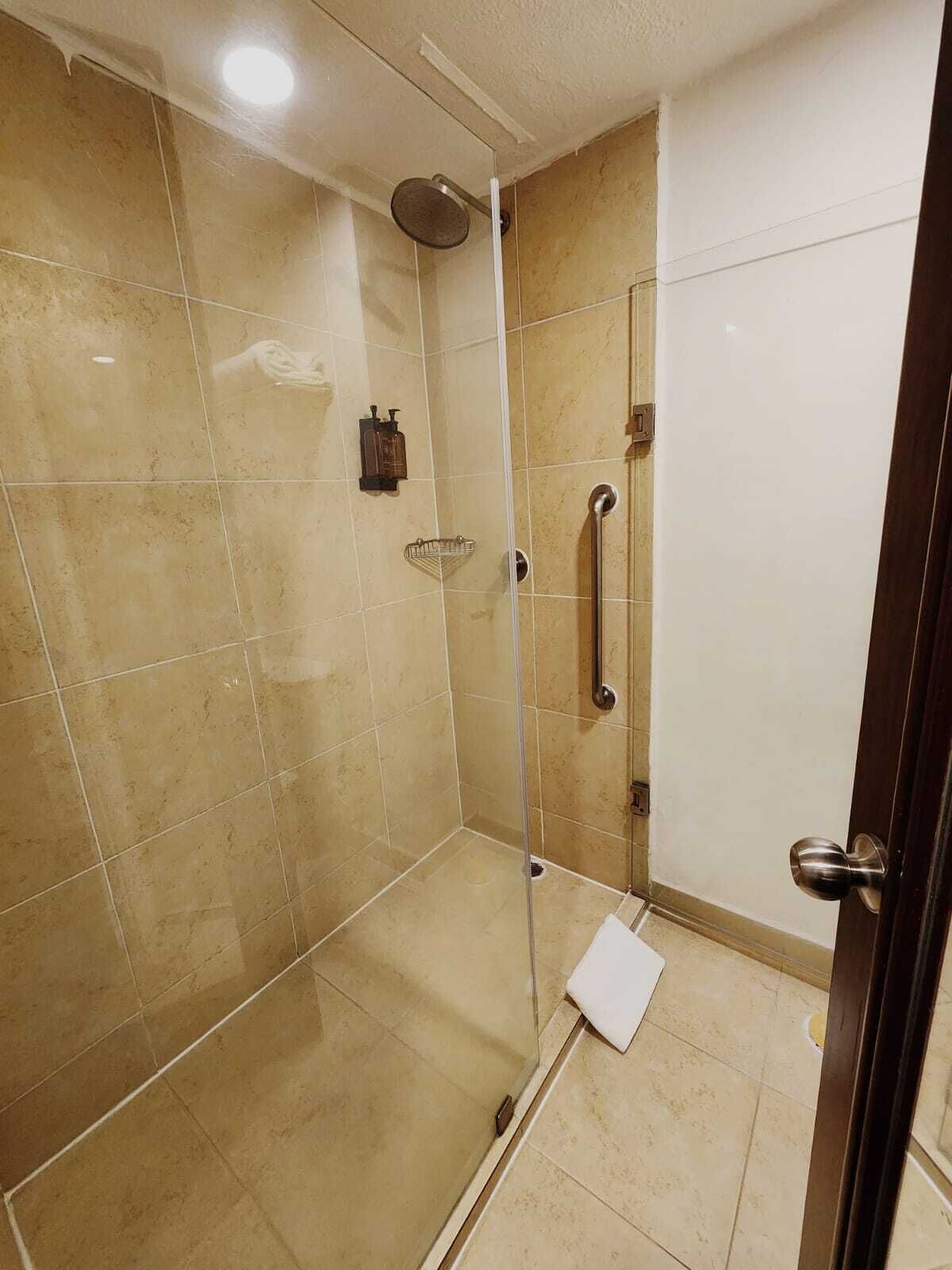 A glass-enclosed shower stall with a handheld showerhead, a towel rack, and a soap dispenser.