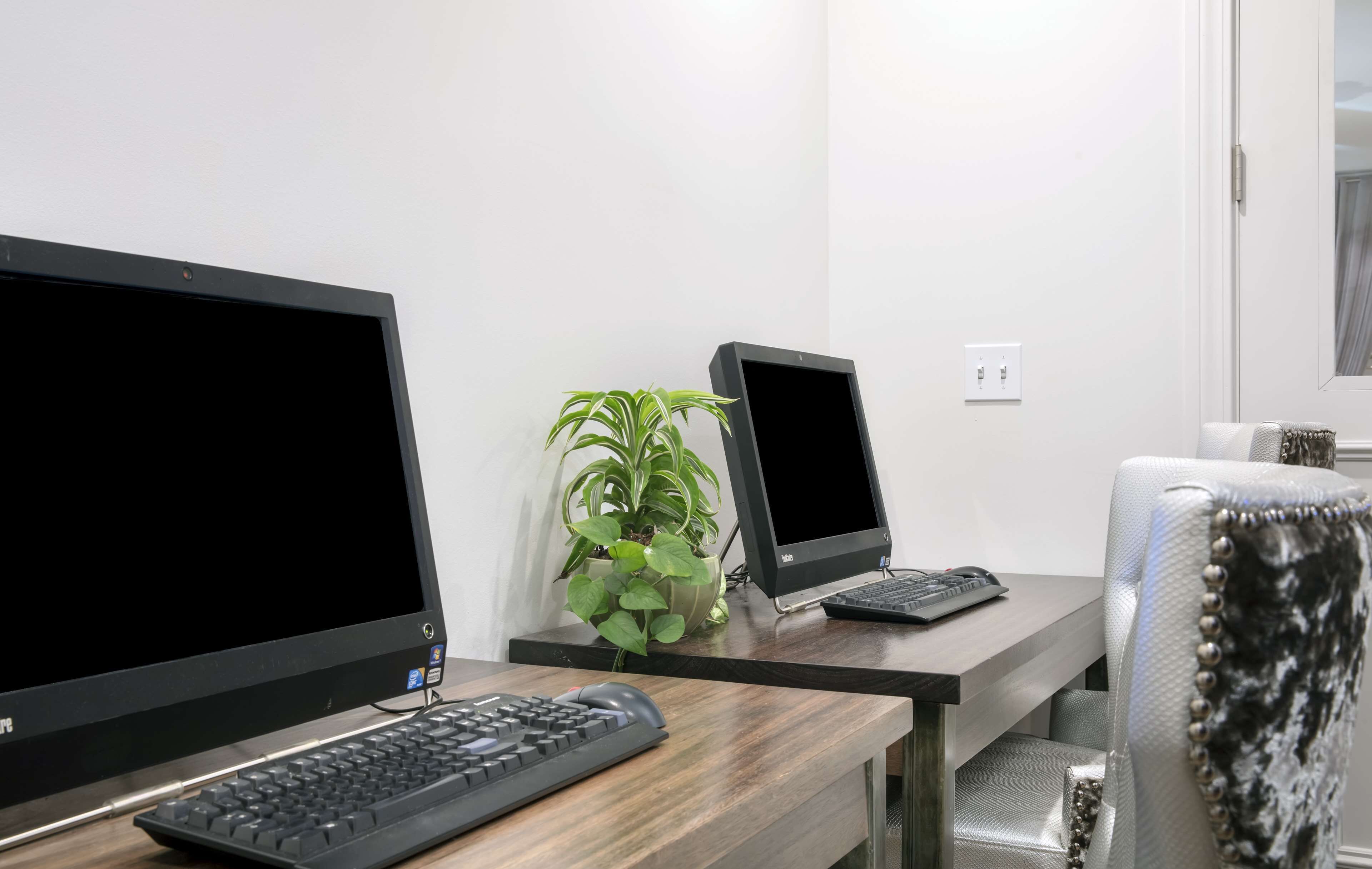Un espacio de trabajo con dos monitores, un teclado y una planta en maceta.