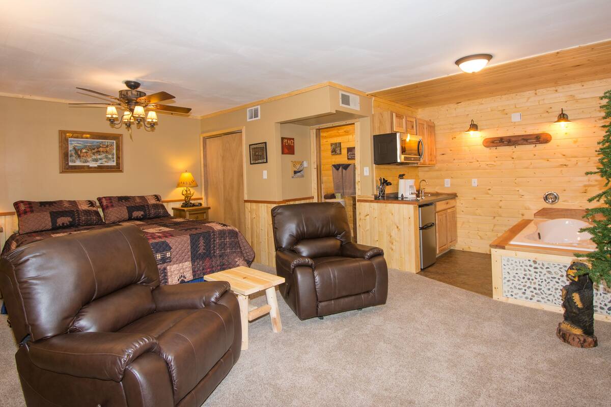 A cozy room with a leather sofa, a small table, a wooden chair, a ceiling fan, and a kitchenette with a sink and a bathtub.