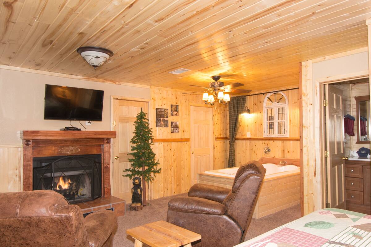 A cozy cabin interior with a fireplace, leather furniture, a television, and a small Christmas tree.