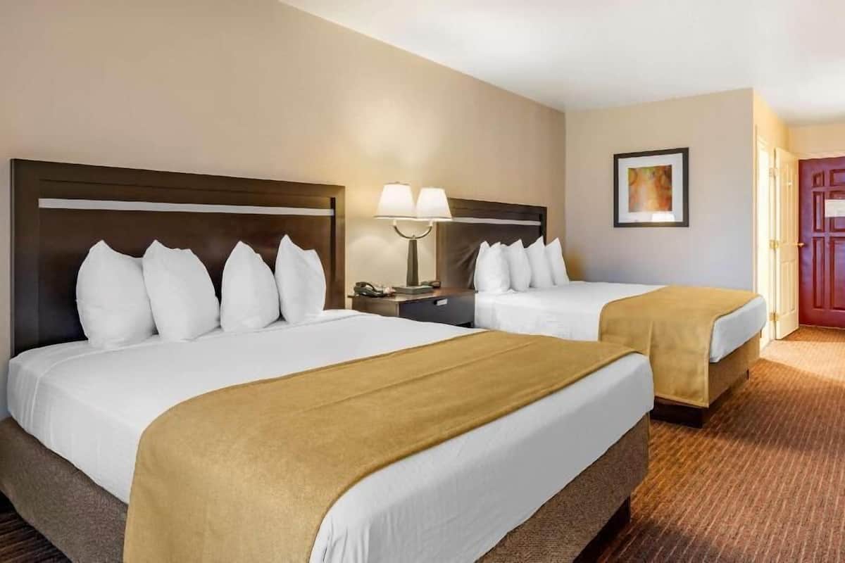 A hotel room with two beds, a nightstand with a lamp, a framed picture on the wall, and a door.