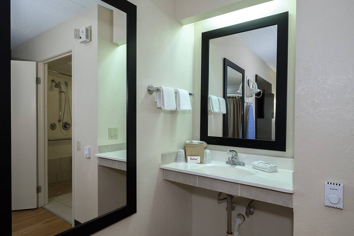 A bathroom with a white sink, a mirror, and a shower area.