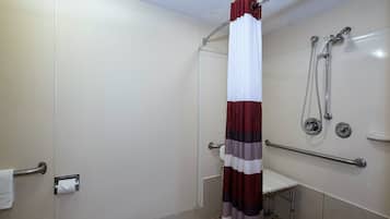 A shower area with a handrail, a towel dispenser, and a showerhead.