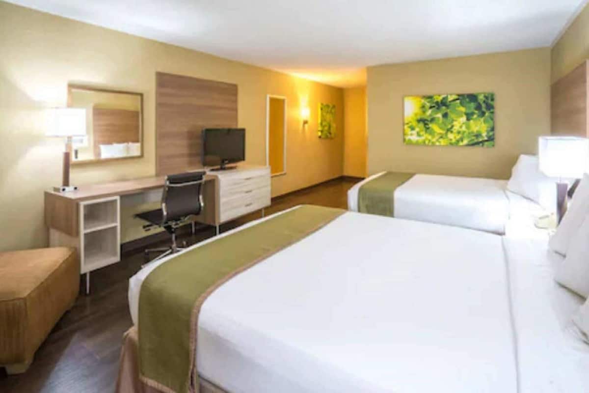 Une chambre d’hôtel avec deux lits, un bureau avec une chaise, une télévision, une lampe de bureau et un tableau au mur.