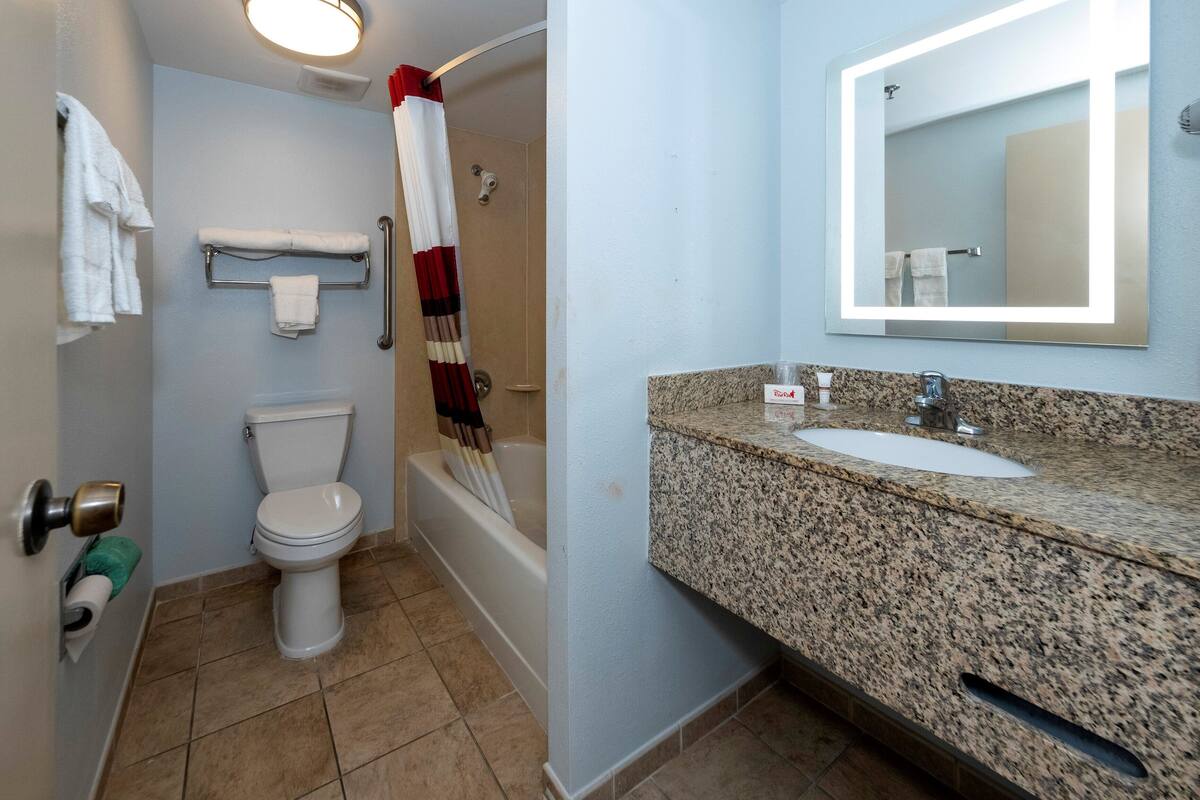 Een badkamer met toilet, bad, douche, wastafel en spiegel.