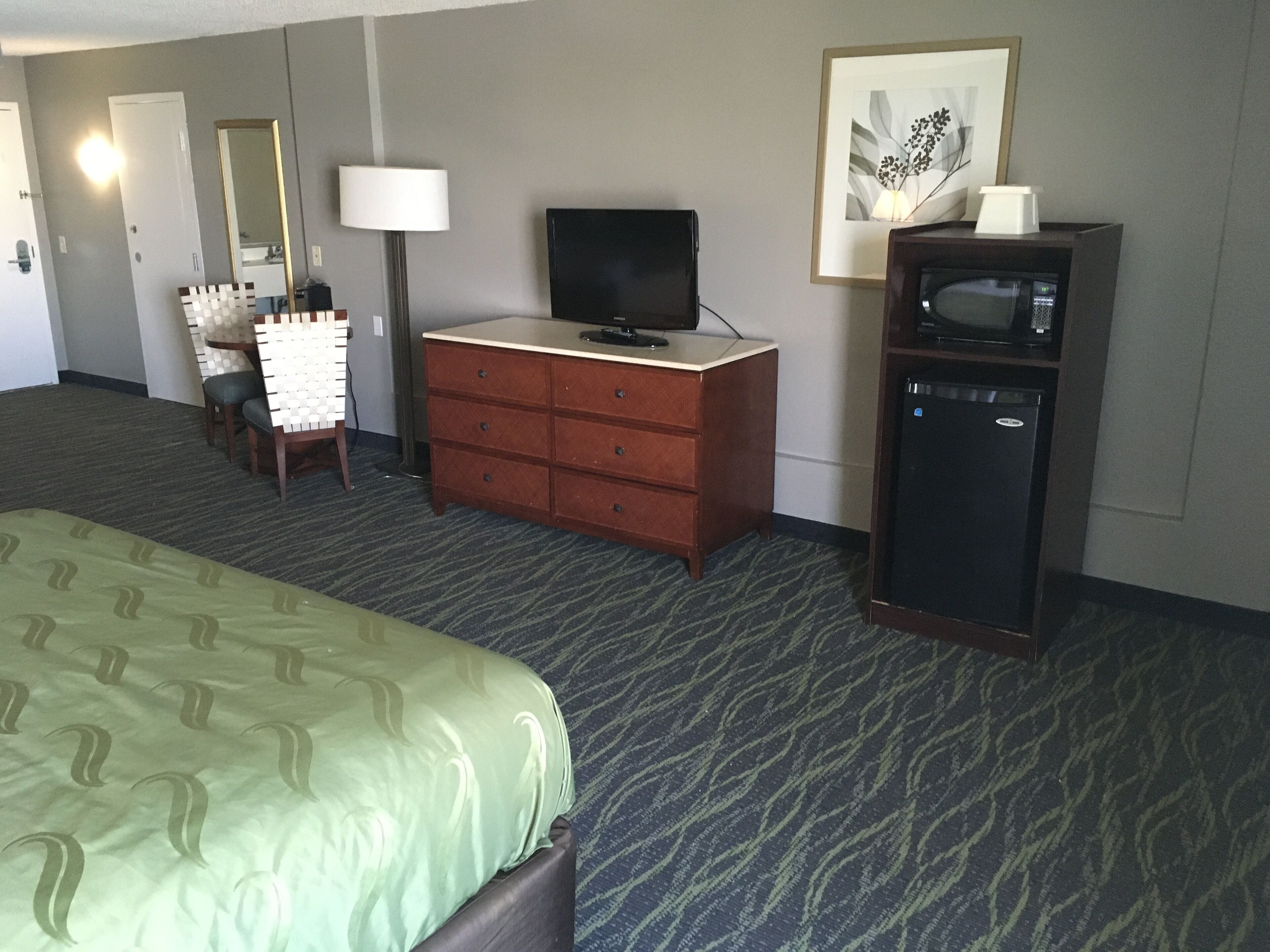 A hotel room with a bed, a dresser, a television, a microwave, and a framed picture on the wall.